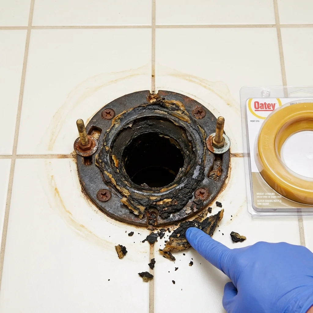 Failed wax ring showing water seepage at the base of a toilet in a Unionville, MO home